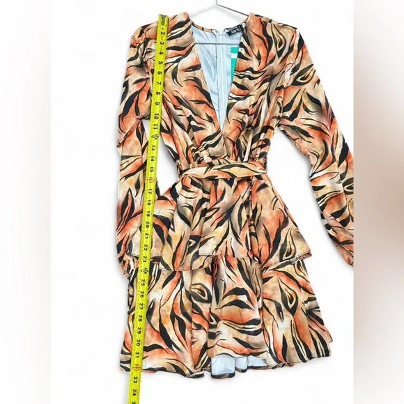 Zack London orange tiger print mini dress with tie waist and long sleeves. - Picture 5 of 6